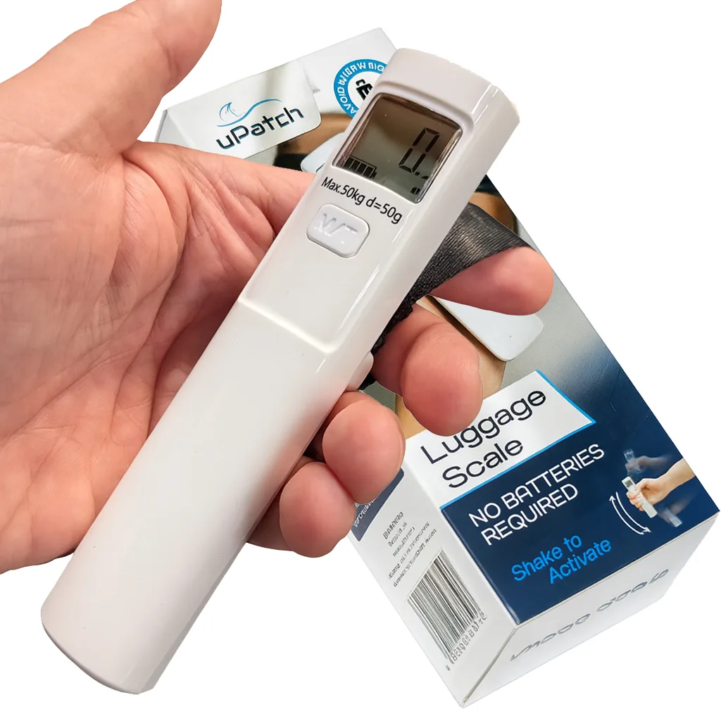 uPatch battery-free luggage scale held by hand